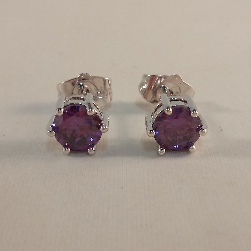 925 Silver 6mm Purple Diamond Zircon Solitaire Stud Earrings ECG Gorgeous Gift